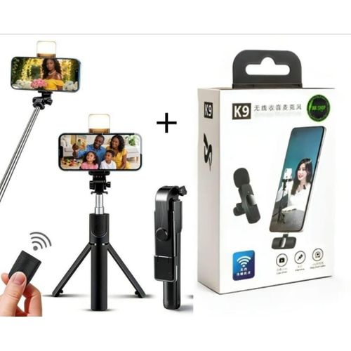Selfie Stick with Fill Light for Phone + K9 Wireless Dual Microphone Combo