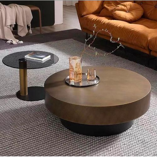 Contemporary Circular Living Room Tea Table Set – Matte Bronze Drum Table & Tinted Glass End Table