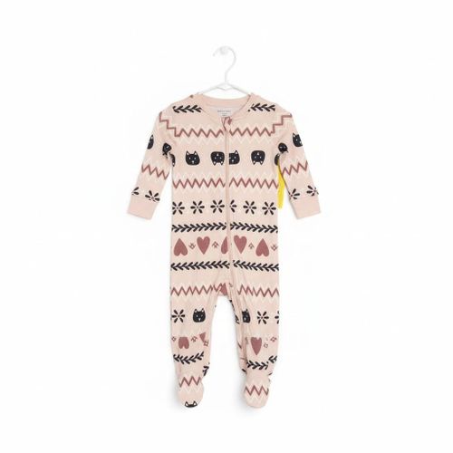 Baby Unisex Long Sleeve Romper Light Pink with Zigzag and Kittens Baby Overall Zip-Up Sleepsuit Toddler Baby Jumpsuit Soft Baby Wear Cute Comfortable Outfit