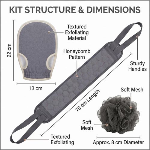 3-Piece Bath Scrubbing Set - Exfoliating Back Scrubber, Mitt & Sponge Kit-Gray