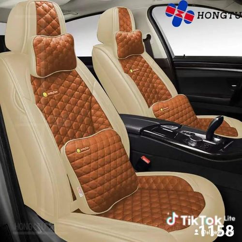 Hongtu Luxury Quilted PU Leather Car Seat Cover Set with Pillows (Beige and Brown