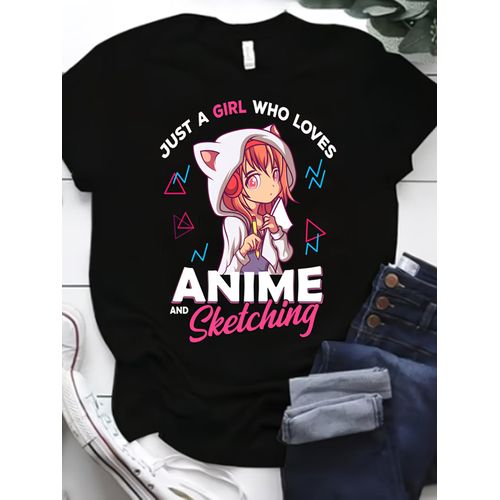 Anime Print Crew Neck T-Shirt Casual Short Sleeve T-Shirt For Spring Summer Womens Clothing