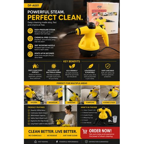 DF-A001 Steam Cleaner – Handheld High-Pressure Cleaning Device – Multi-Surface Use – Safety Cap, Rotating Joint & Comfortable Handle – Durable Household Appliance