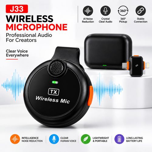 J33 Wireless Microphone AI Noise Reduction Dual Lavalier Mic with Charging Case for TikTok YouTube Vlogging Live Streaming iPhone Android Type-C