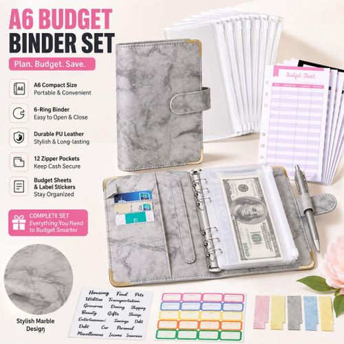 A6 Gray Marble Budget Binder, PU Leather 6-Ring Cash Planner with 12 Zipper Pockets, Budget Sheets & Label Stickers