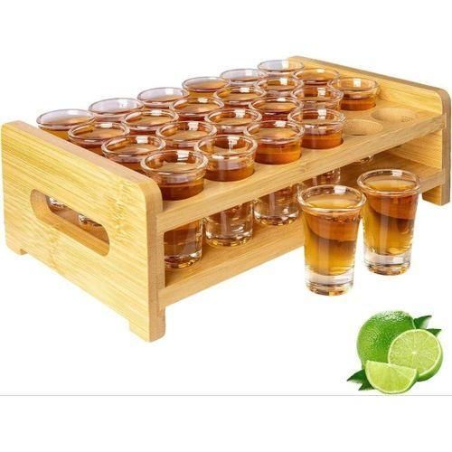 24 hole shot glass set with a wooden serving tray.