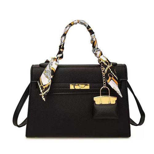 Elegant Black Top-Handle Bag with Scarf Accent & Mini Charm Pouch