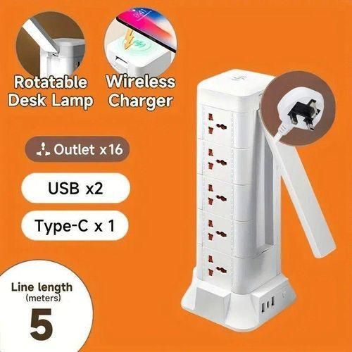 2500W Power Extension Strip, Wireless Charging on top, with Type C, 2 USB and Desk lamp included