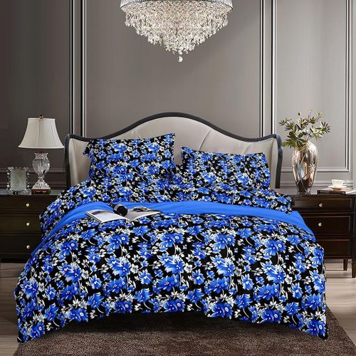 4-Piece Luxury Floral Bedsheet Set with 4 pillowcases– Blue/Black