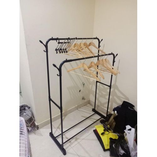 Multifunctional Double-Pole Clothes Rack with Shoe Shelf & Side Hooks