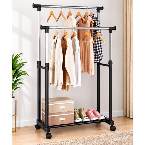 Double Rail Adjustable Clothes Rack with Wheels – Heavy-Duty Portable Garment Organizer & Storage Stand