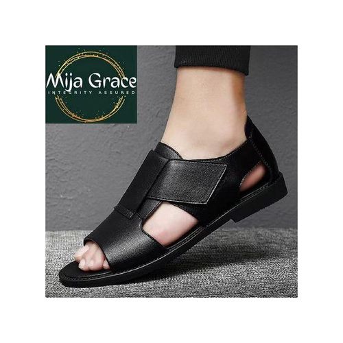 Fashion MijaGrace Men's Casual Open-Toe Breathable Hollow Leather Sandals - Black