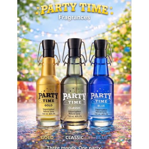 PARTY TIME (GOLD,CLASSIC, BLUE) PERFUME EDT 100ML (3, colors) NAFDAC REGISTRATION NUMBER: 02-8228