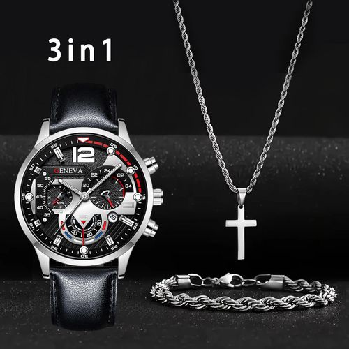3-in-1 Men's Gift Set, Quartz Chronograph Wristwatch with Cross Necklace & Twist Bracelet, Black Leather Strap Sports Watch Set