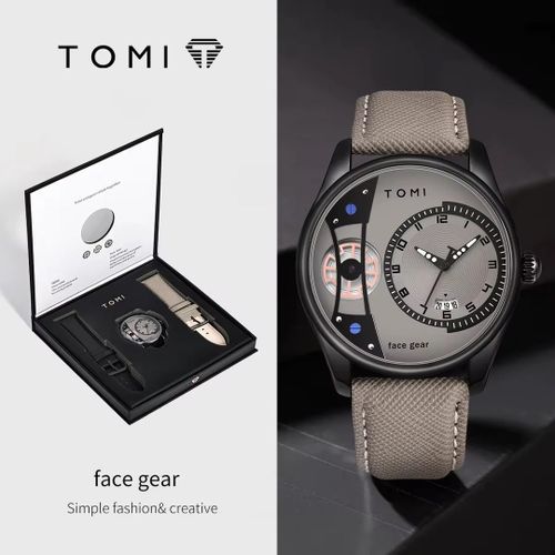 Men's Fashion Watch Set Leather Band Alloy Case Glass Dial Window 20mm Band Width Pointer Designer Wristwatch Gift Box Included