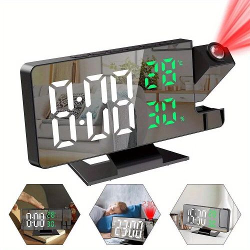 Multifunctional smart digital alarm clock featuring adjustable brightness, an LED screen, projection capability, and temperature and humidity monitoring – Black