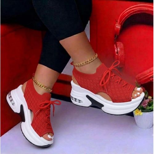 Women’s Red and white Platform Sandals – Rhinestone Embellished Adjustable Strap Wedge Sandals ( 38-44)