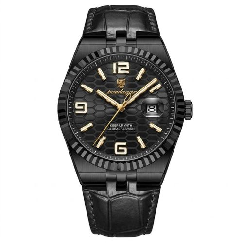 Men's Stealth Black Sport-Luxury Watch with Honeycomb Dial and Alligator-Embossed Leather Strap