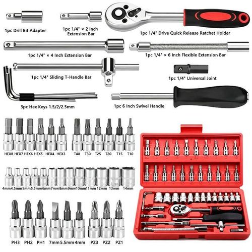 46Piece 1/4Inch Ratchet Socket Set – for Home Auto Repair and Disassembly.