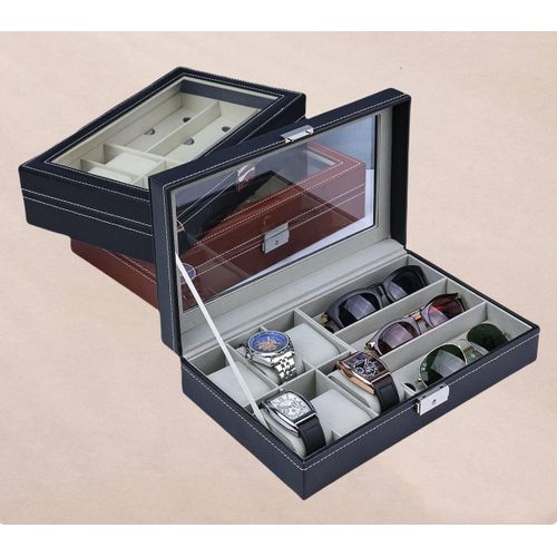 6 slots watch and 3 sunglasses Leather Wristwatch box