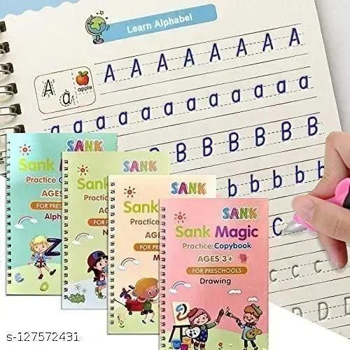 SANK Magic Book (4 Book + 10 Refill + 1 Pen +1 Grip), Practice Copybook, Number Tracing Book for Preschoolers with Pen, Caligraphy early learning Set with Reusable Writing Refill