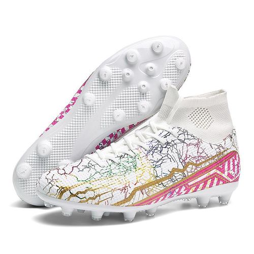 KQ Men's High Top AG Soccer Cleats White Pink Gold Professional Football Boots Breathable Non-Slip Training Shoes for Youth & Adults