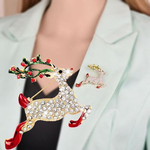 Golden Reindeer Christmas Brooch for Women – Crystal Enamel Pin