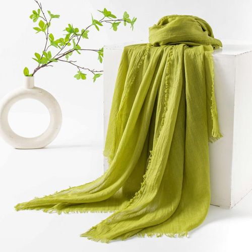 Women Solid Mustard Green Cotton Linen Scarf 100190cm Long Fringe Shawl Lightweight Beach Wrap Hijab