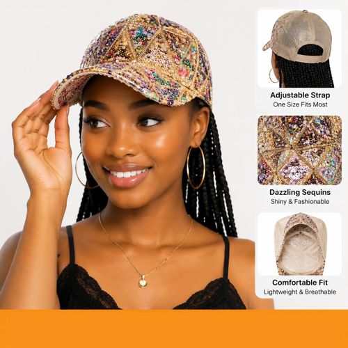 Womens Sequin Baseball Cap - Shiny Glitter Mesh Trucker Hat - Adjustable Breathable Sun Protection Cap for Party, Travel & Daily Wear