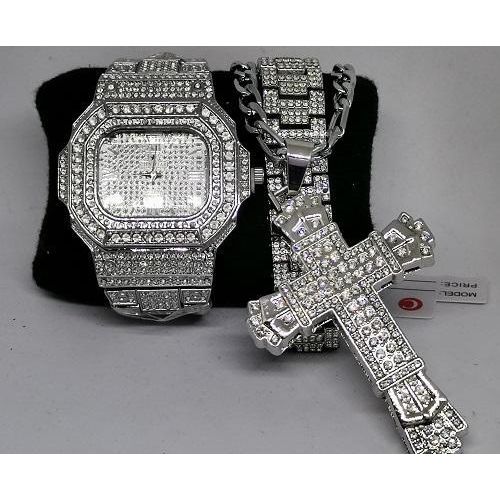 Luxury Iced Stones Men Silver Plated Watch with Bracelet, Cuban Linmk Chain and Cross