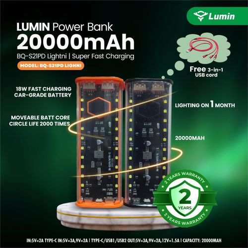 transparent light 30days 20000mAh 18W fast charging Power Bank-Black