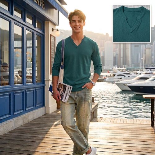 Men's Long Sleeve Notched V-Neck Shirt Casual Split Collar Pullover Curve Hem Textured Knit Basic Tee Top
