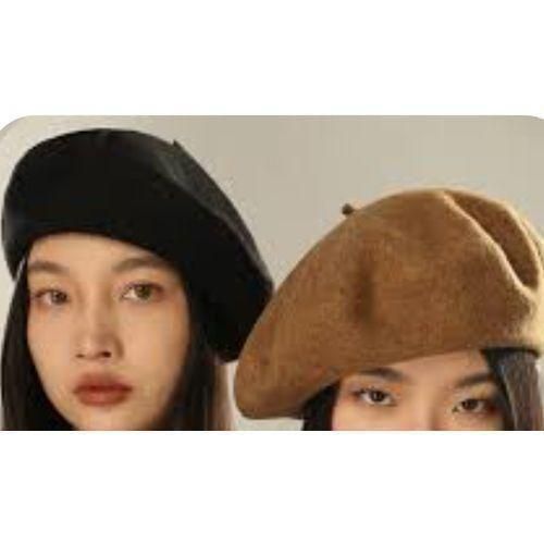 2PCS VINTAGE WOOL BERET OCTAGONAL UNISEX BLACK AND BROWN