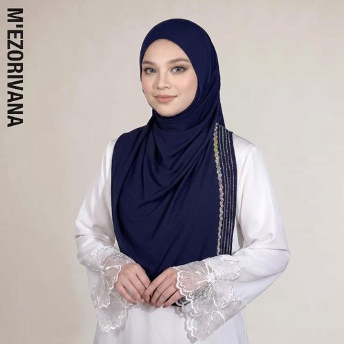 1pcM'Ezorivana navy blue Muslim women's headscarf, an integrated hat and scarf design hijab, luxurious and sparkling with gemstone inlay, made of comfortable polyester fabric