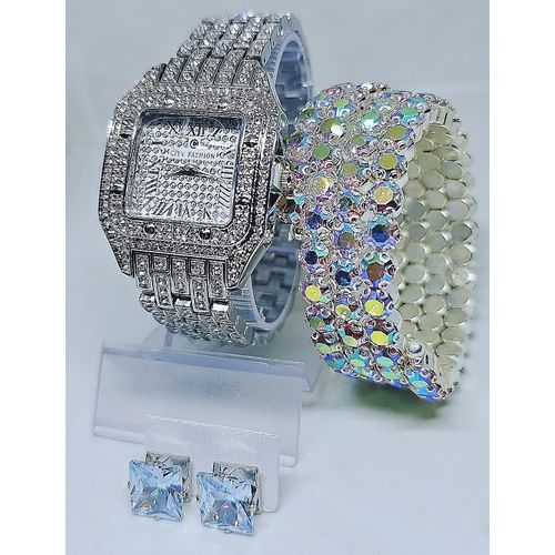 Ladies Silver Wristwatch + Wrap Bracelet & Stud Earring