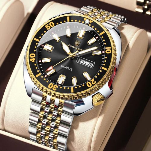 Men's Black Dial Silver Gold Bracelet Strap Wristwatch