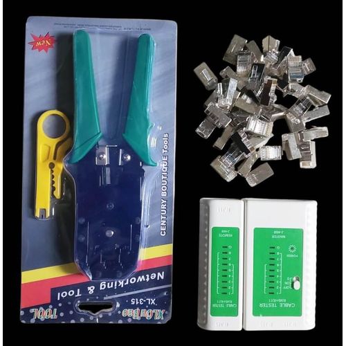 Cable Tester + Crimp Crimper +50Pcs RJ45 CAT6 Metal Shielded Connector Kit Passes Through Connectors