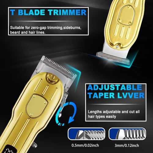Professional Men's Cordless Electric Hair Clipper, T-Blade Beard Trimming Kit, Hair Clipper Kit with LED Display, Men's Gift - Gold