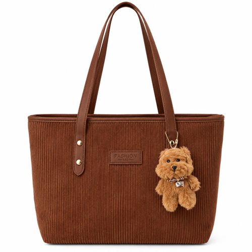 Women and Student Corduroy Charm Tote Bag with Teddy Keychain-Brown