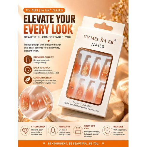 Ombre False Nails, Peach False Nails, Flower Press On Nails, Floral False Nails, White Flower Nails, Pearl Accent Nails, Pearl Press On Nails, Elegant Press On Nails, Fashion False Nails