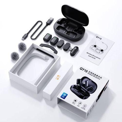 QY10 Wireless Microphone noise cancellation long Battery Life, Plug and Play, Clip-on Design magnetic buckle Portable dual receiver Lapel Mic Charging case