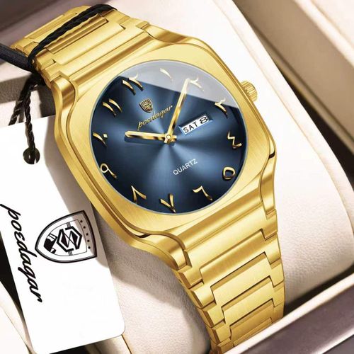 Highly Original Quality & Sophisticated Non Fading Men's Gold Blue Face Chain Wristwatch