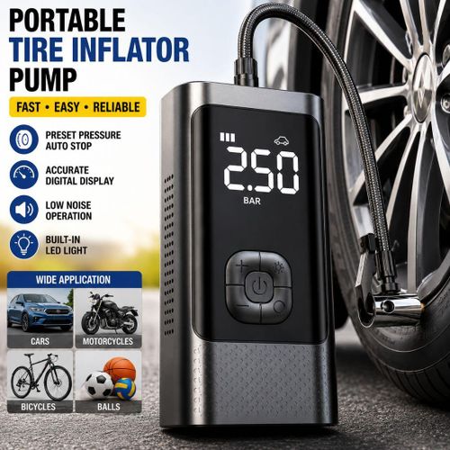 Portable Electric Car Tire Inflator Pump, Digital Air Compressor with LCD Display, Preset Pressure Auto Stop, Wired 12V Air Pump for Cars, Motorcycles, Bicycles and Balls