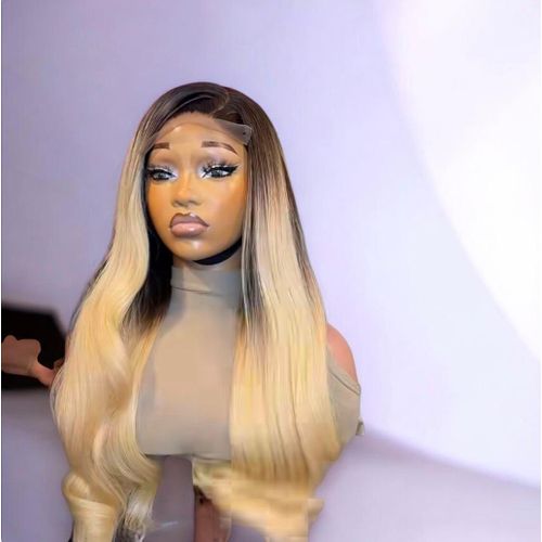 Celebrity bounce curl blonde dark root wig with 5 by 5 closure 24 inches