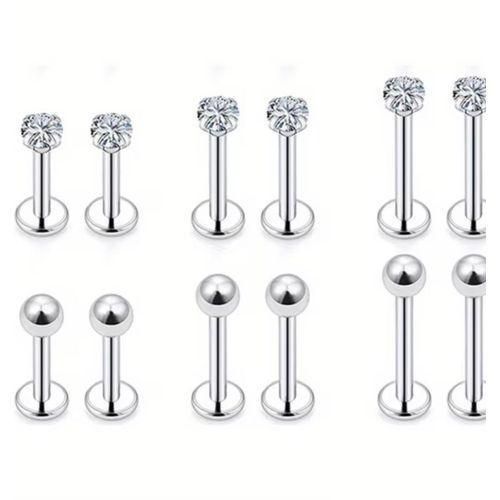 2pcs Labret Piercing Set Surgical Steel CZ Zirconia Lip Stud Bar Earring Helix Cartilage Tragus Body Jewelry 16G
