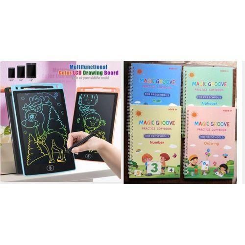 12LCD writing pad for kids+Magic groove learning copybook 4 in 1 set(Alphabet, numbers, drawings ) with pen &filling