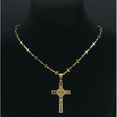Stainless Steel Cross Necklace Versatile Pendant Jewelry For Men And Women Featuring Colorful Crystals-Gold