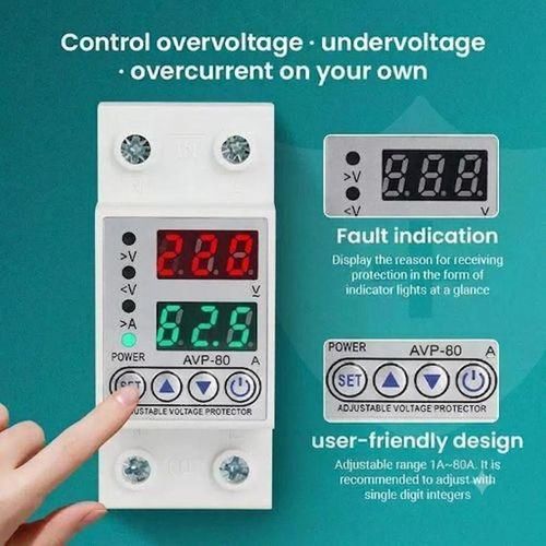 80A Adjustable Overvoltage Undervoltage And Overcurrent Protection Relay DIN Rail Mounted 230V Automatic Voltage Protector Circuit Safety Protection Device For Home Office Commercial And Industrial Electrical Equipment