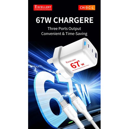 Excellent 67w Super Fast PD & USB Charger With Cable - white