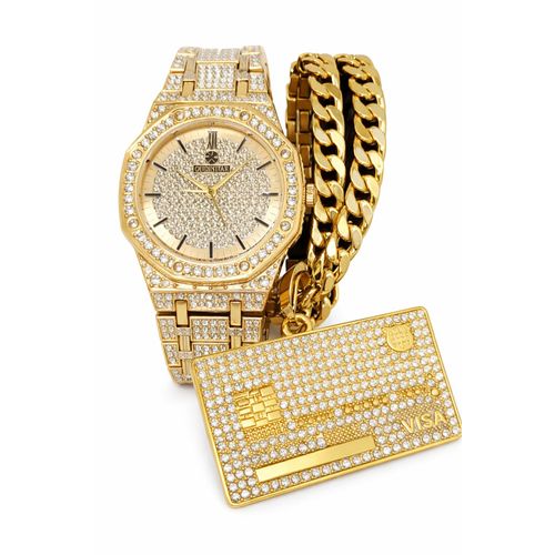 Men Iced Studded Watch +Cuban Steel necklace and ATM Card Bank Pendant